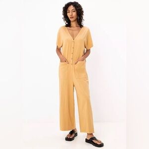 ASOS Design mustard button front wide leg jumpsuit v neck pocket short sleeve